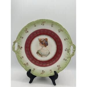 Carl Tielsch Plate Woman Portrait Green Gold Border CT Germany with Handles 11”